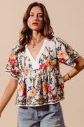 Floral Embroidered Baby Doll Blouse Top