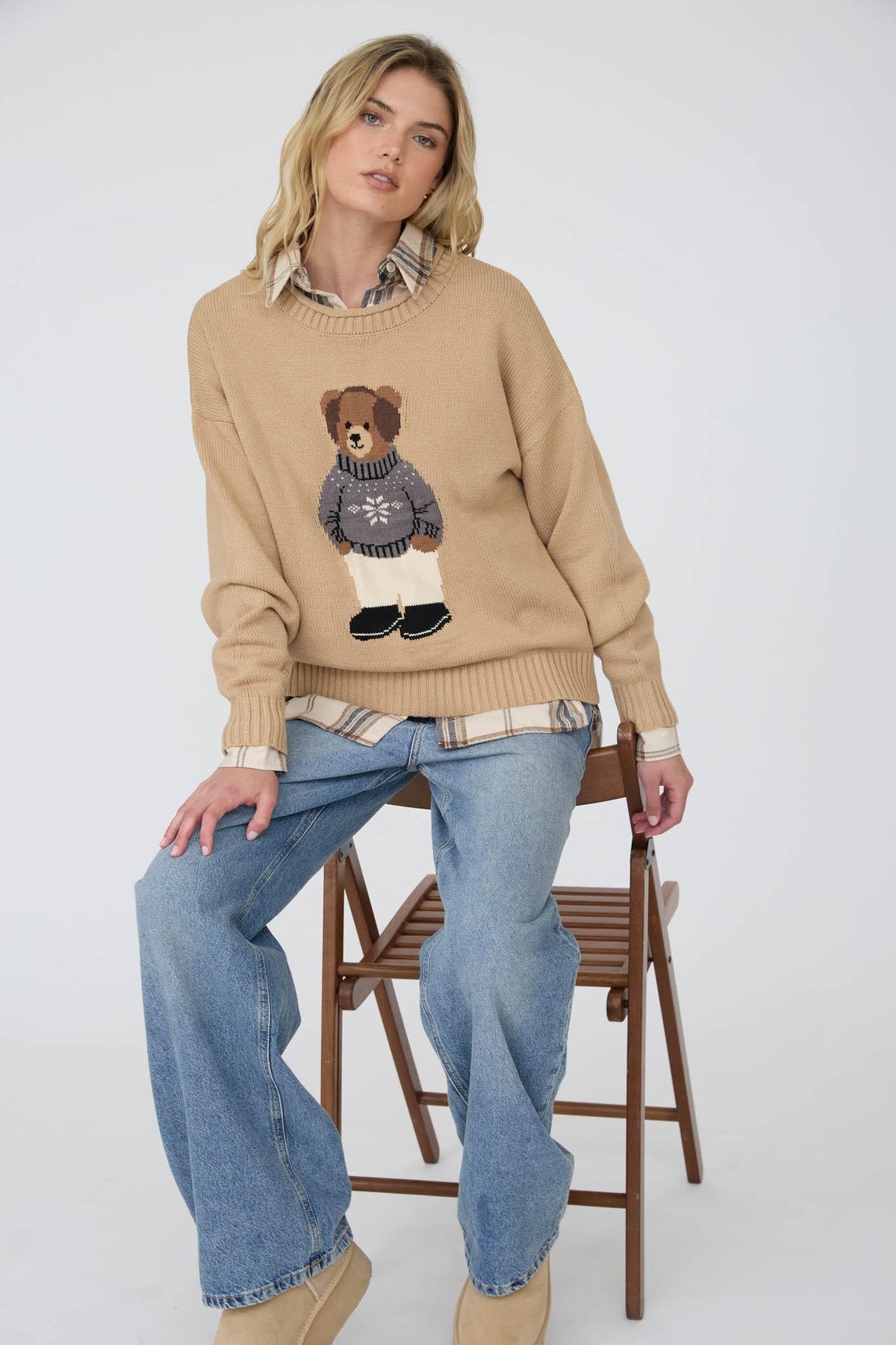 Teddy Bear Crew Neck Intarsia Knit Sweater
