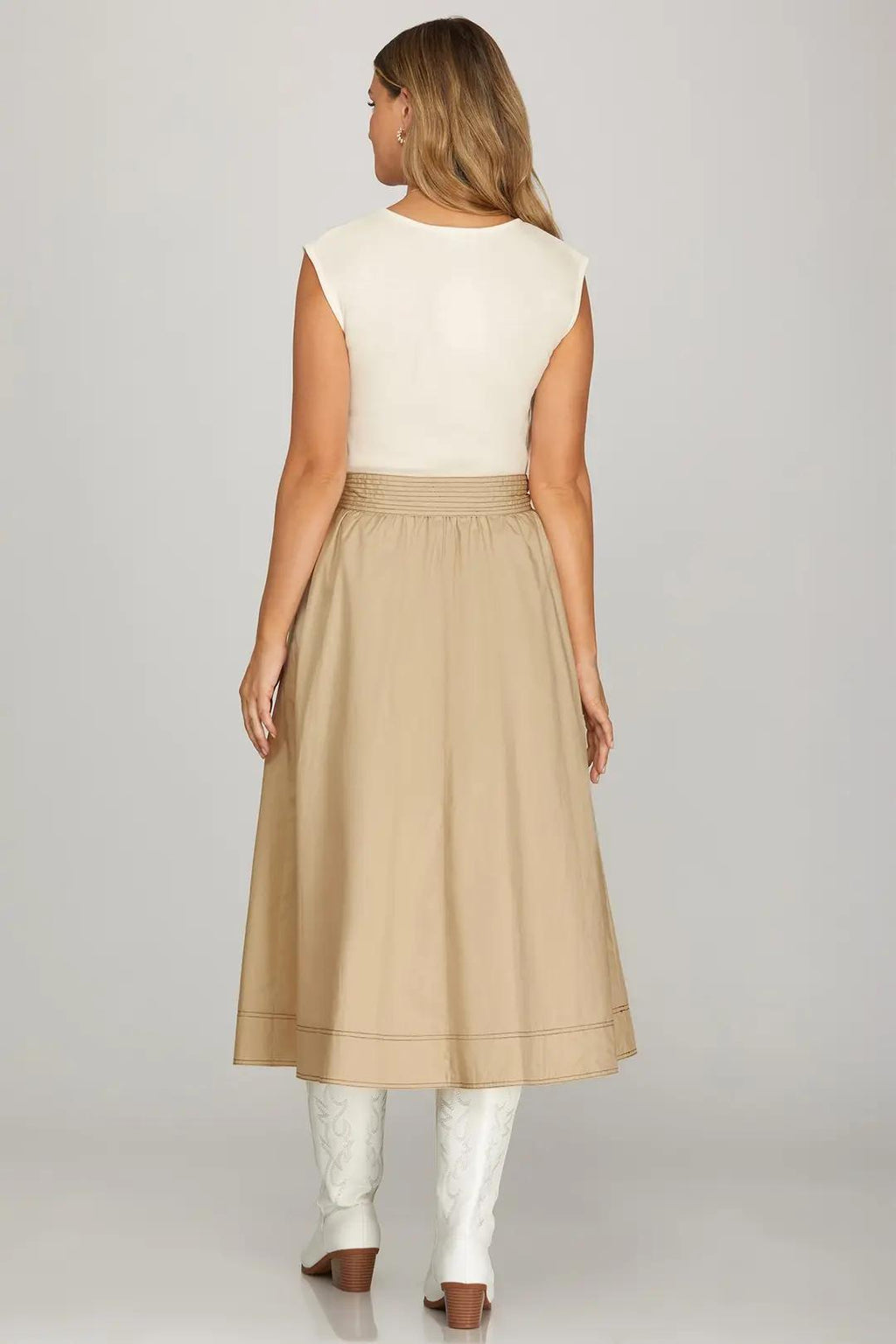 Drop Sleeve Knit & Woven Combo Midi Dress