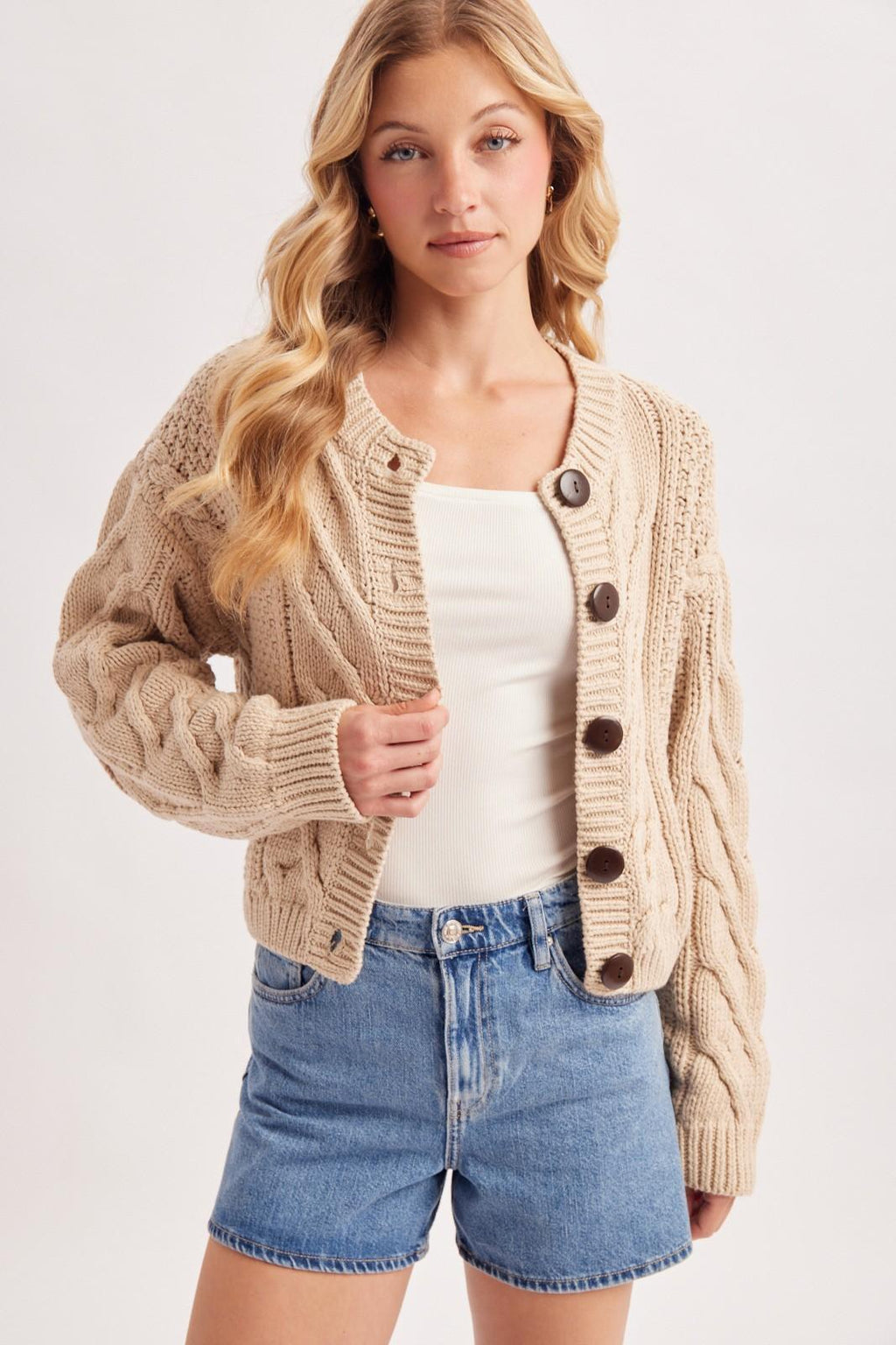Cropped Button Front Cable Knit Sweater Cardigan