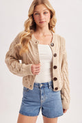 Cropped Button Front Cable Knit Sweater Cardigan