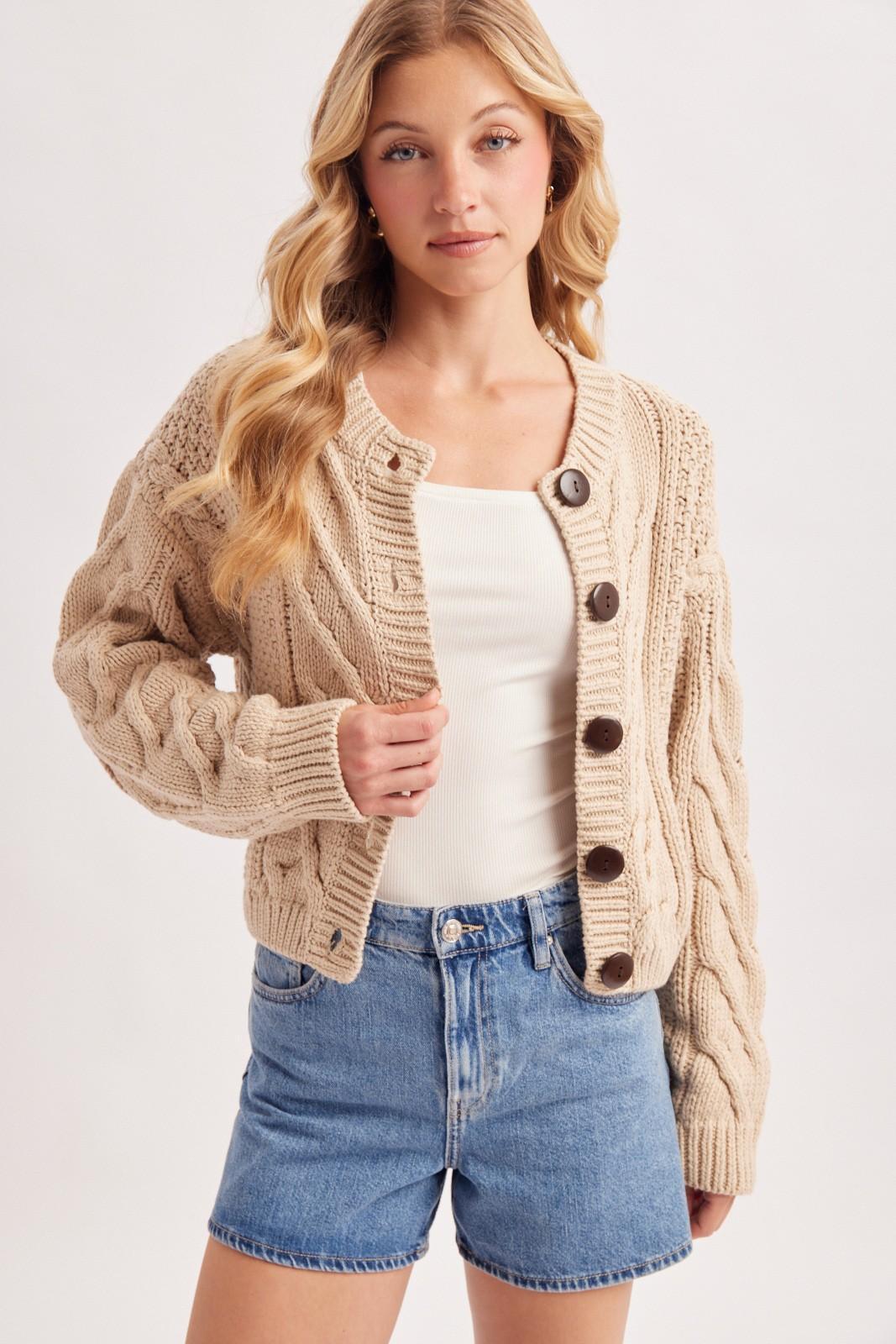 Cropped Button Front Cable Knit Sweater Cardigan