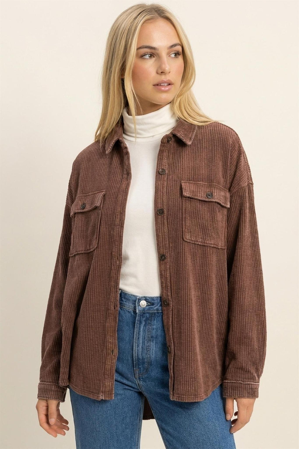 Mineral Wash Waffle Knit Button-Up Shacket