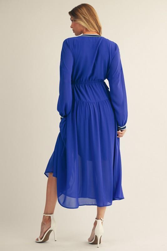 Drawstring Waist Solid Chiffon Flare Midi Dress