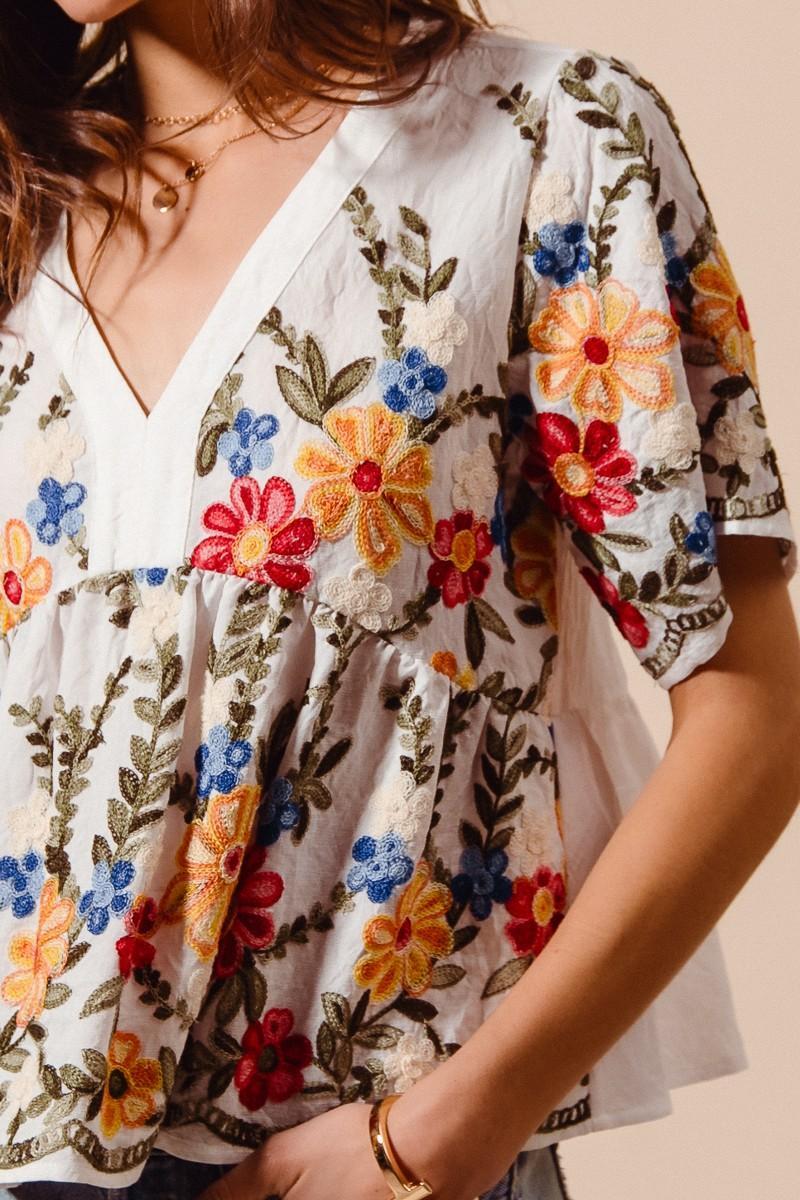 Floral Embroidered Baby Doll Blouse Top