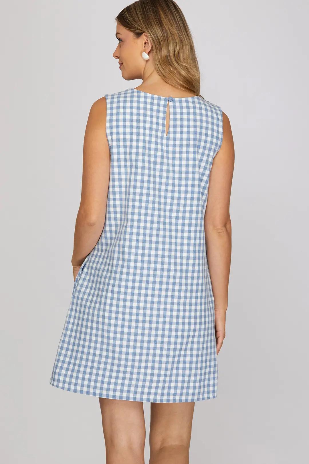 Sleeveless Round Neck Woven Gingham Checked Mini Dress with Pockets