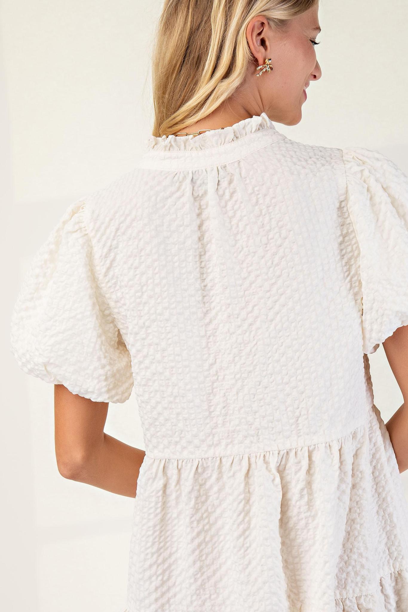 Seersucker Puff Sleeve Mini Dress