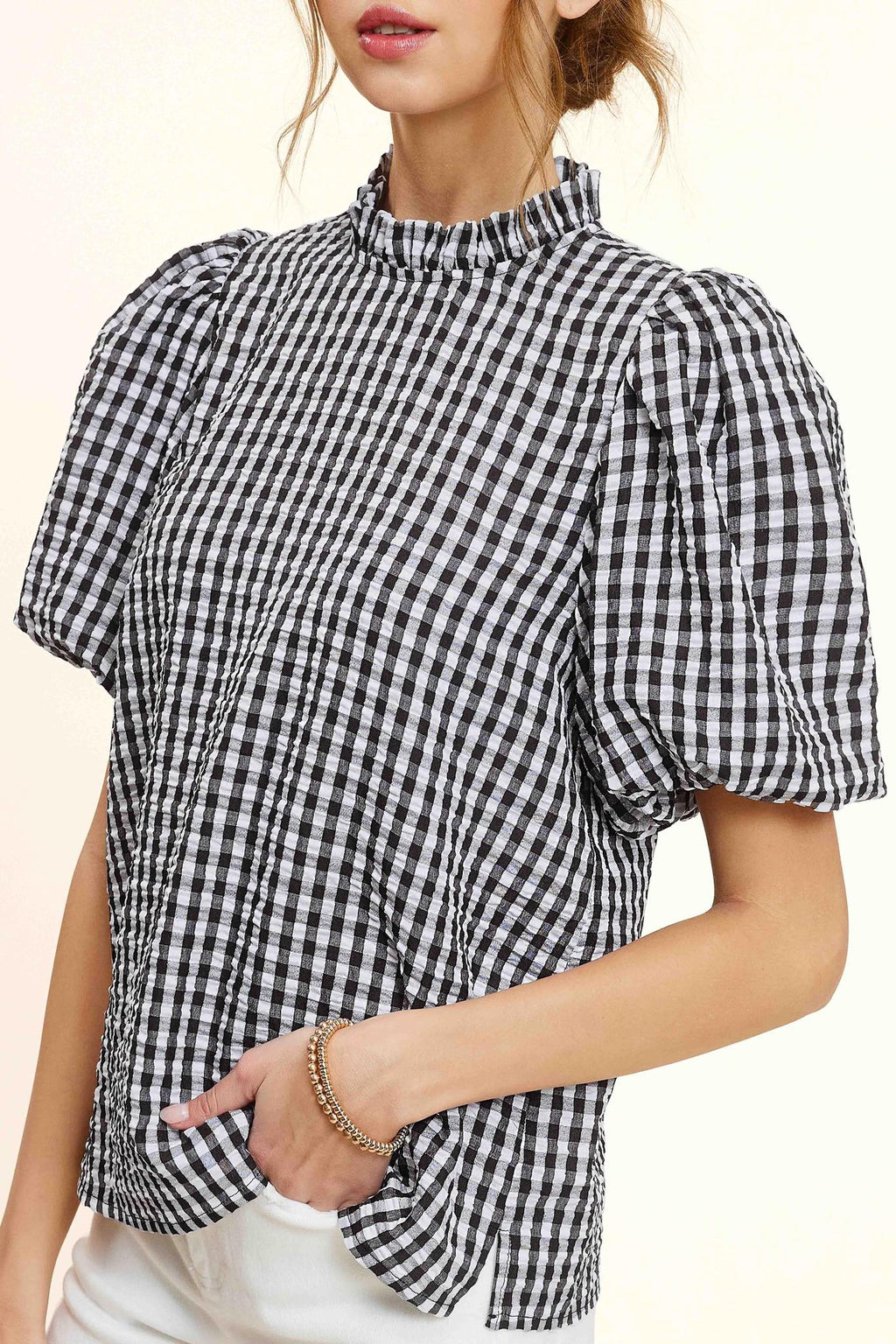 Gingham Check Print Puff Sleeve Top