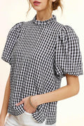 Gingham Check Print Puff Sleeve Top