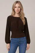Soft Brushed Knit Flowy Ruched Bust Long Balloon Sleeve Top