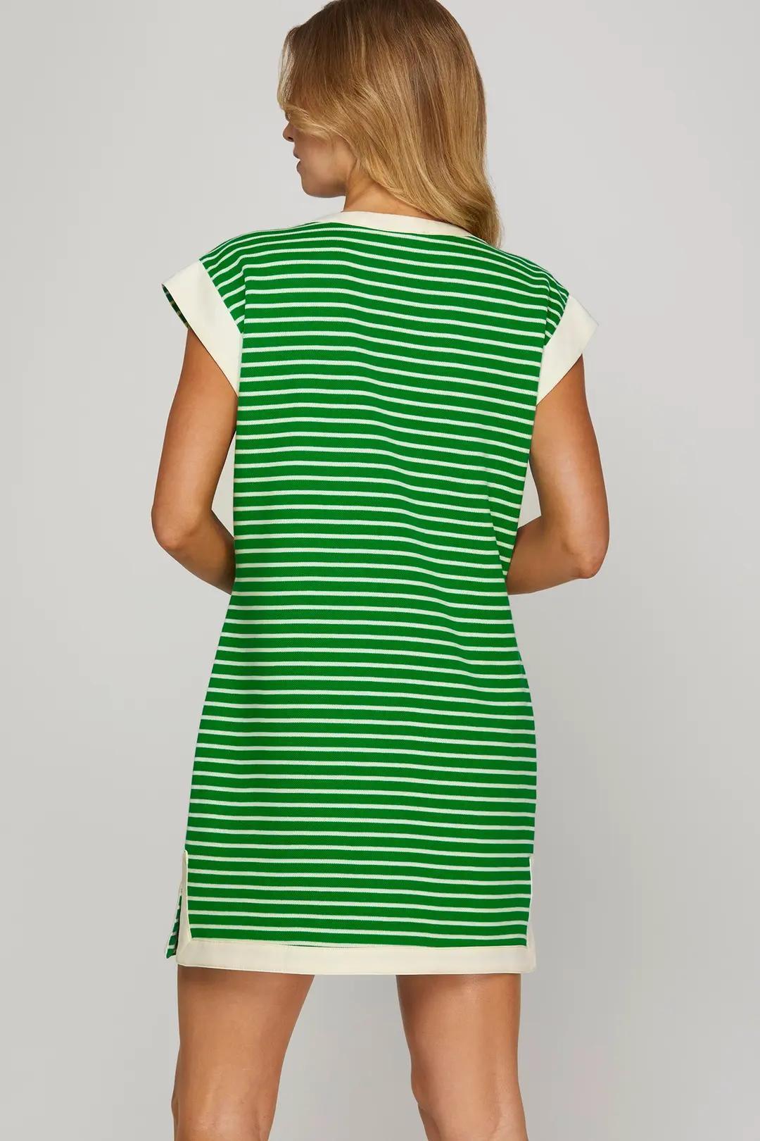Drop Shoulder Contrast Band Striped Dress with Pockets