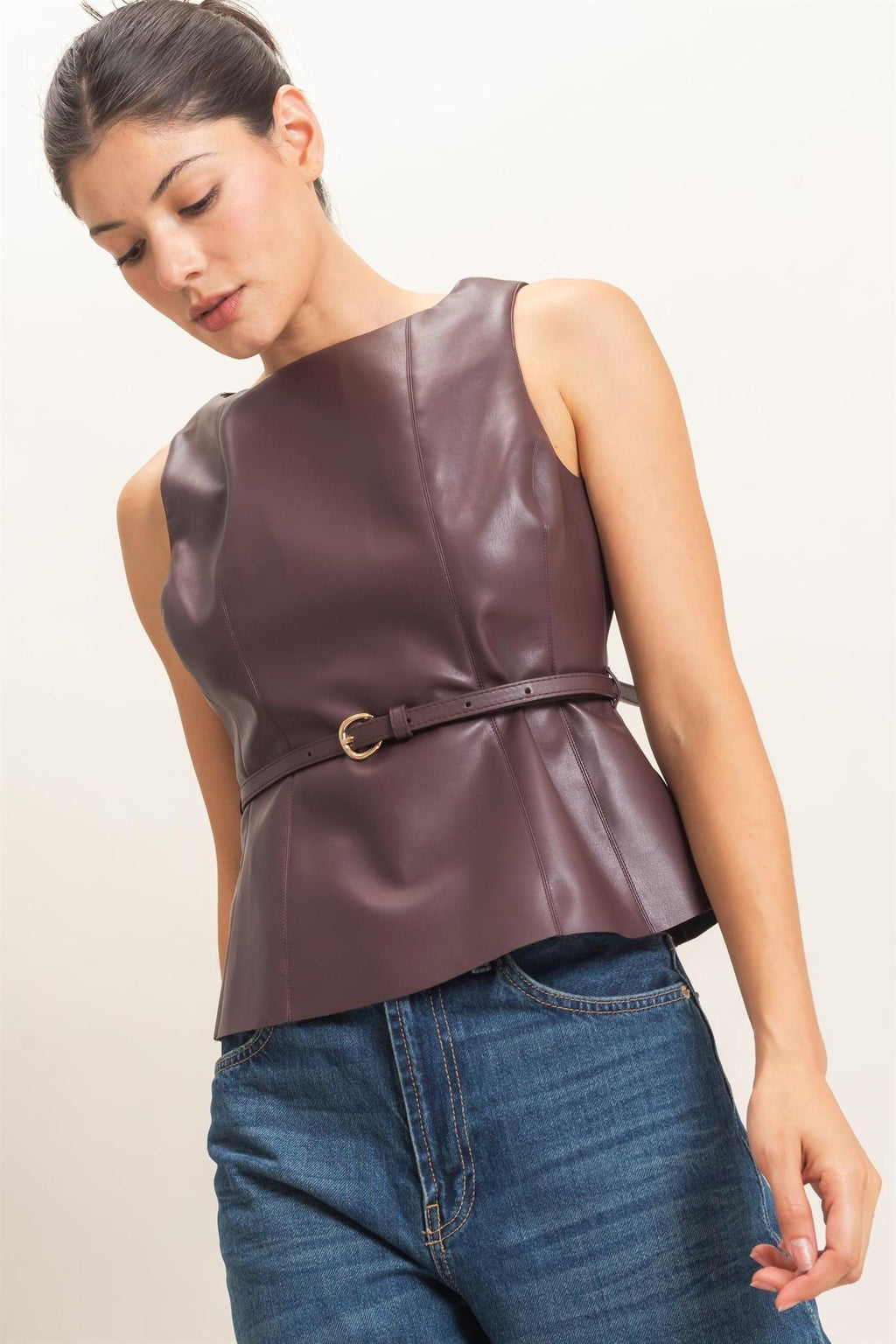 Sleek Faux Leather Belted Top
