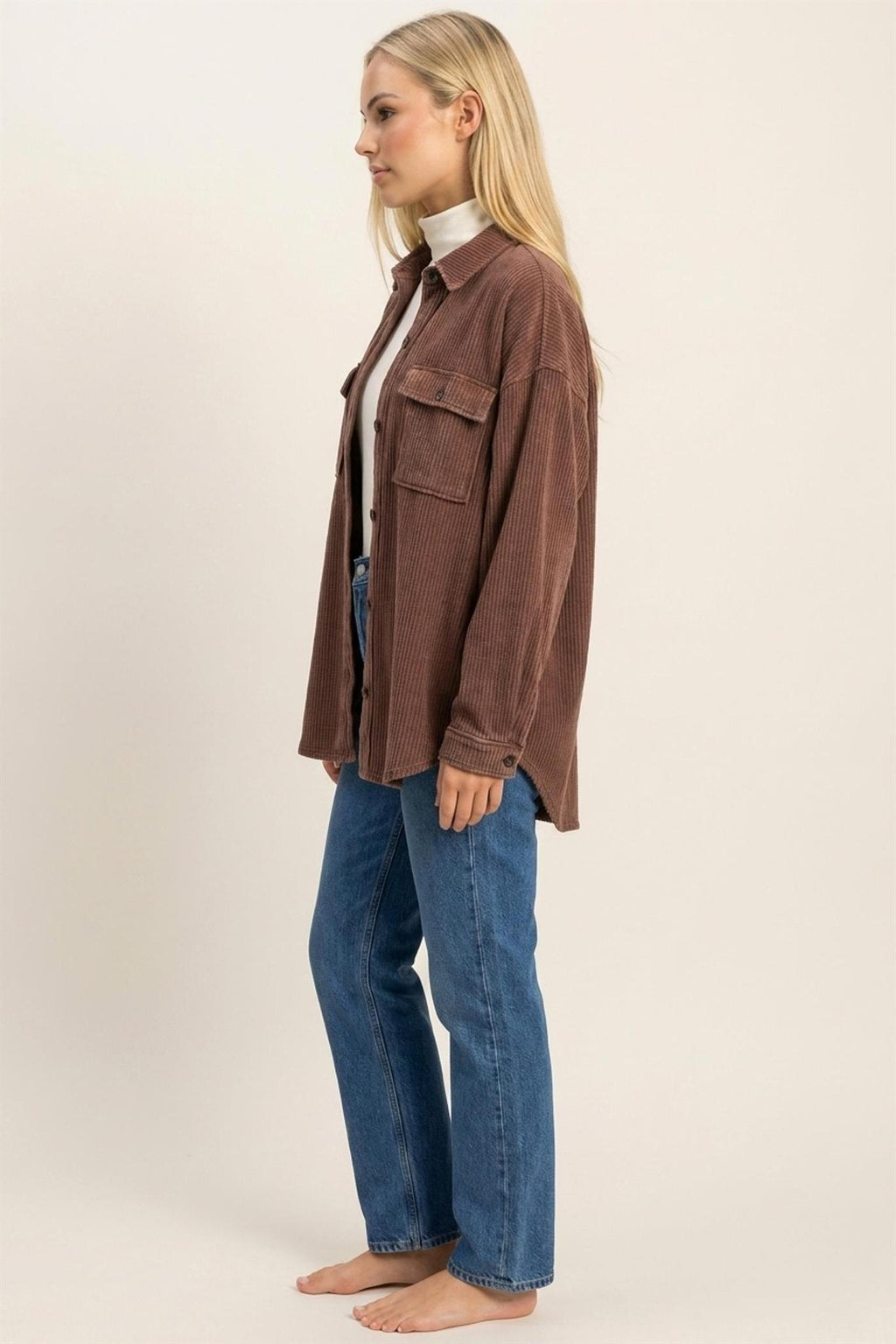 Mineral Wash Waffle Knit Button-Up Shacket