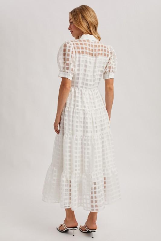 Gridded Organza Button-Down Tiered Maxi Dress