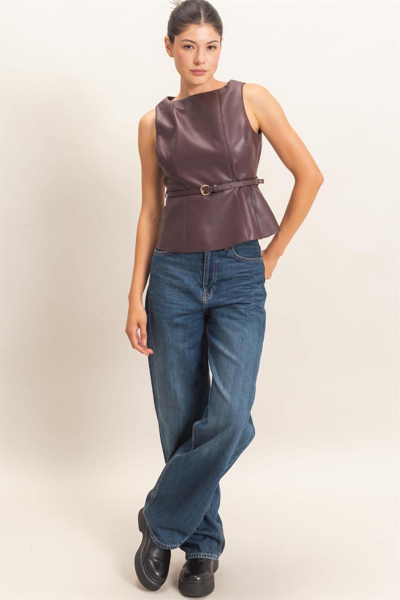 Sleek Faux Leather Belted Top
