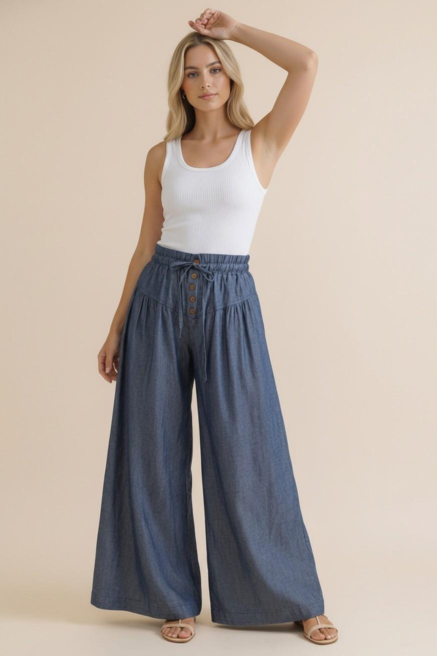 Elastic Waist Wide Leg Chambray Pants