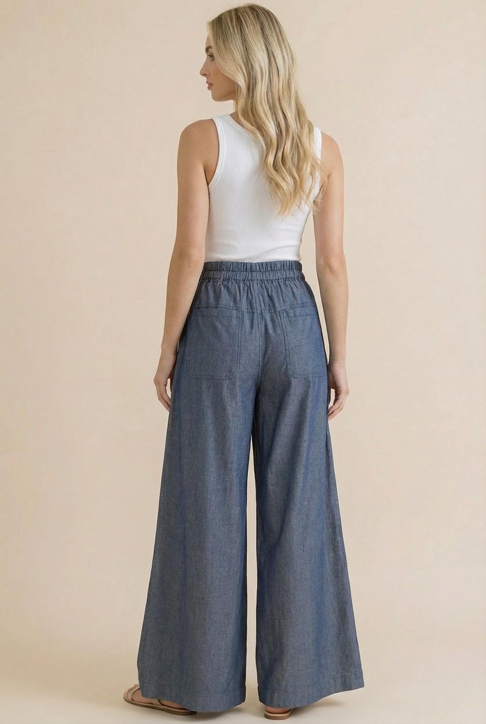 Elastic Waist Wide Leg Chambray Pants