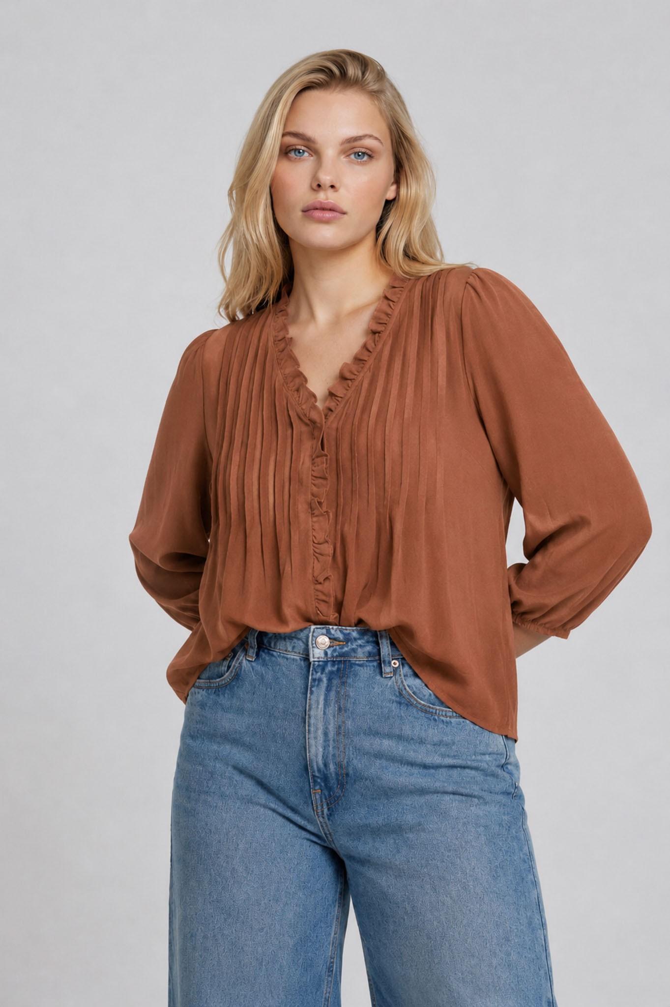 Plus Size 3/4 Sleeve Ruffle Trim Pintuck Detail Blouse