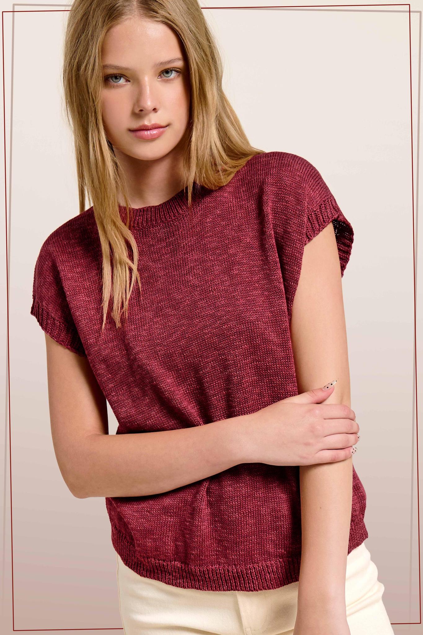 Loose Fit Sleeveless Ribbed Knit Mock Crew Neck Top