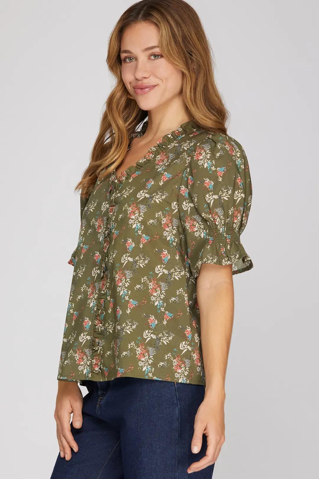 Short Sleeve Ruffled Neck Printed Top