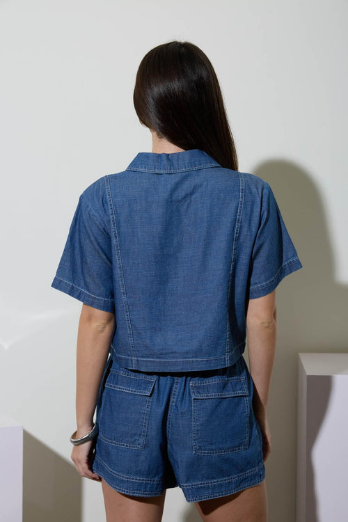 Collared Button Down Short Sleeve Boxy Denim Top