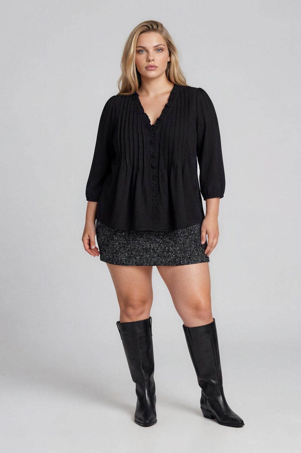 Plus Size 3/4 Sleeve Ruffle Trim Pintuck Detail Blouse