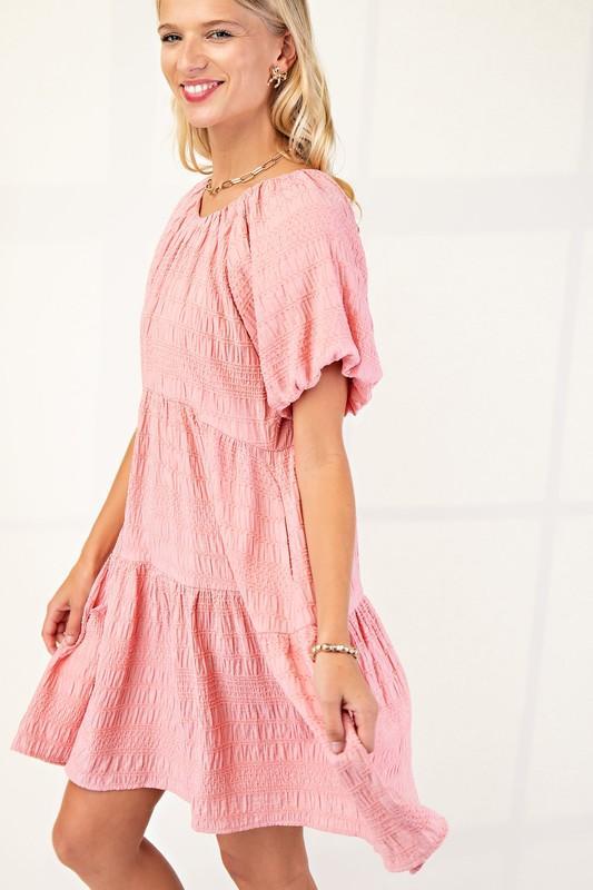 Textured Loose Fit Dress with Bow Tie Back