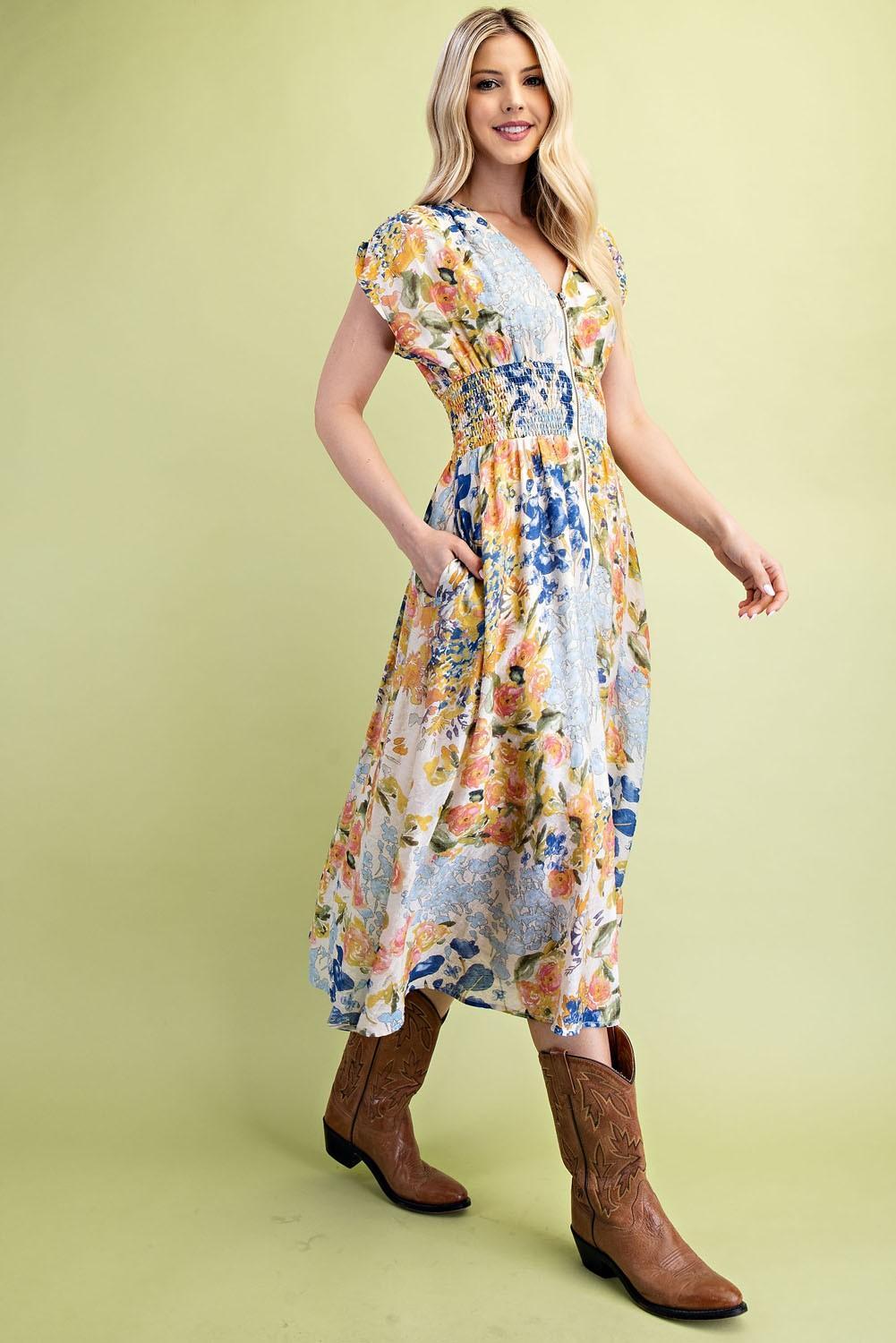 Floral Midi Dress with Front Zipper