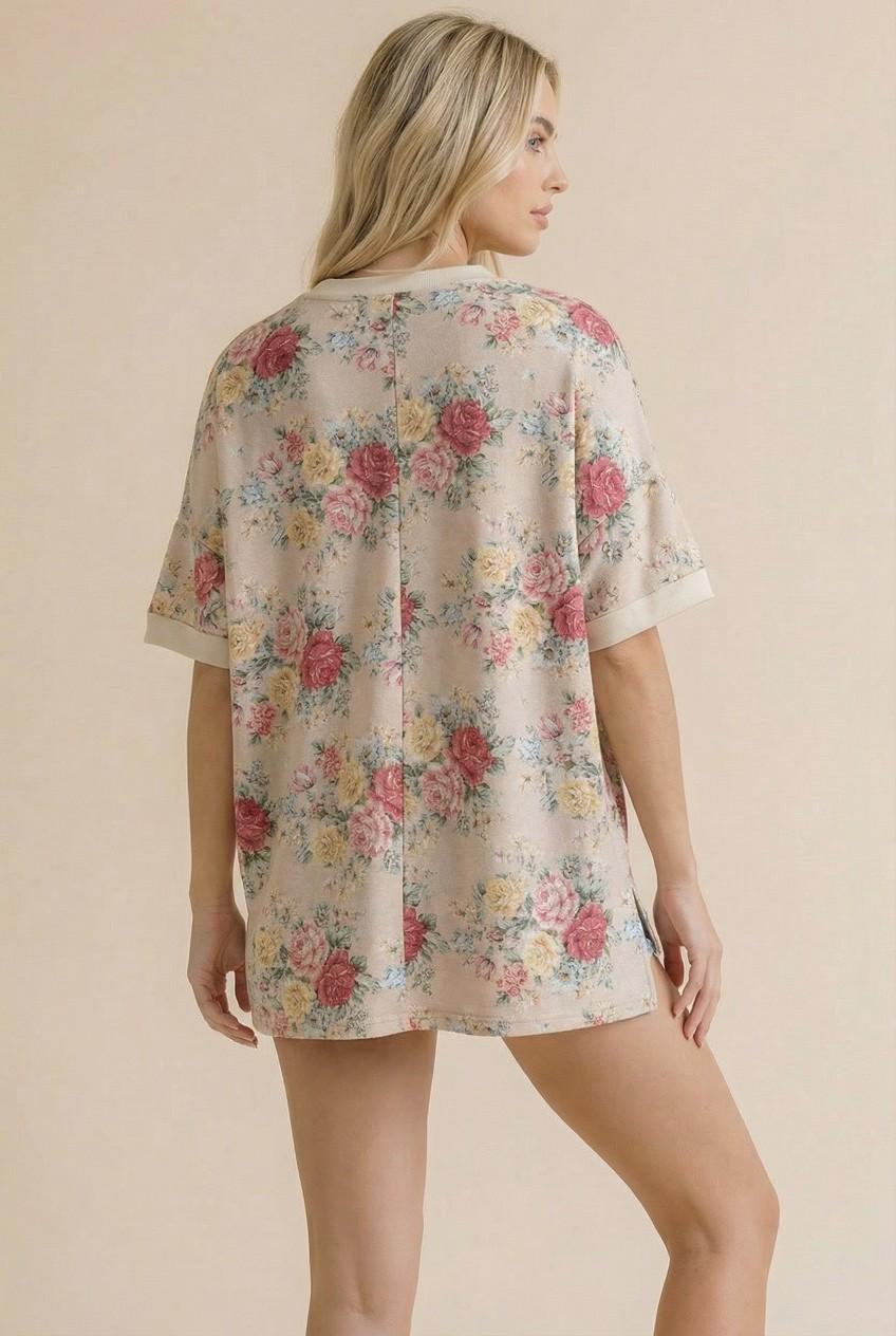 Short Sleeve Oversized Loose Fit Floral Knit Top