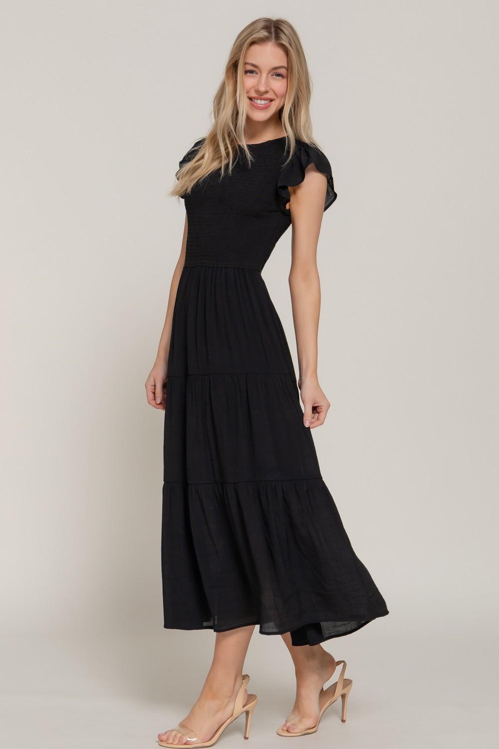 Ruffle Slv Smocked Solid Tired Dress