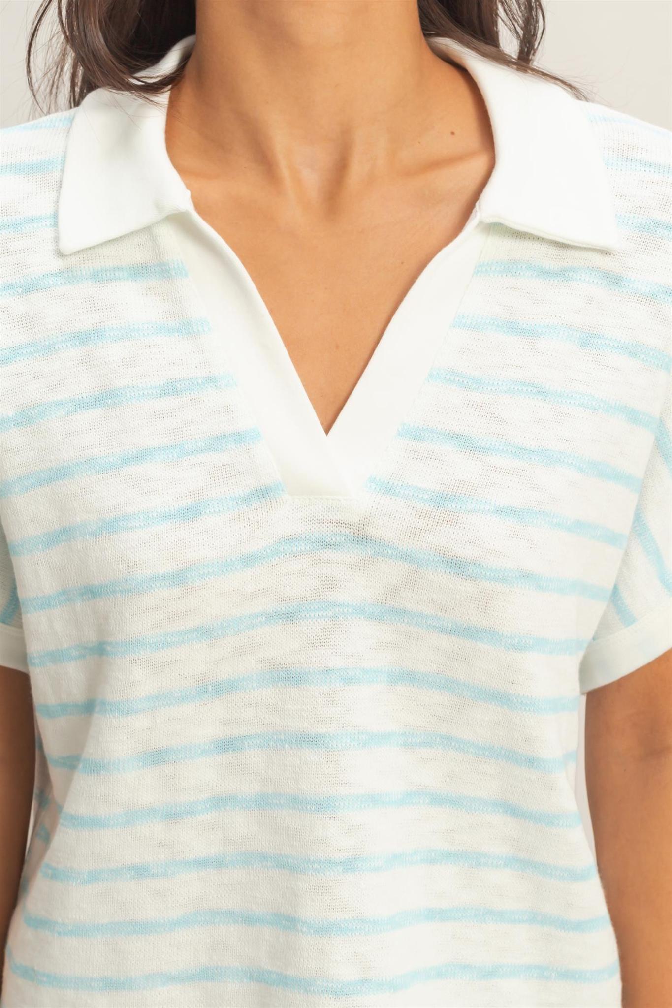 Striped Dolman Sleeve V-neck Collared Top