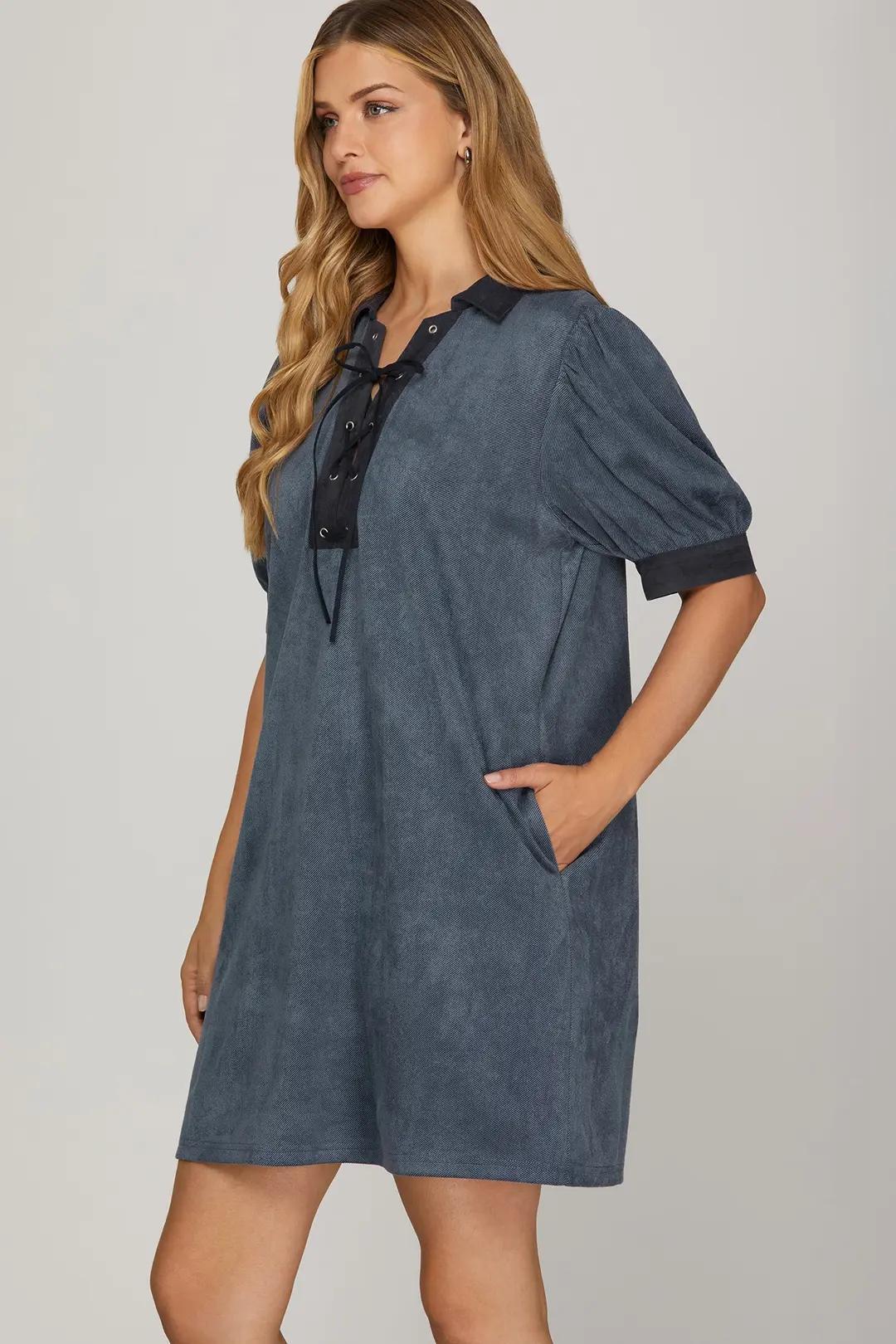 Puff Sleeve Contrast Neck Lace Up Brushed Twill Mini Dress