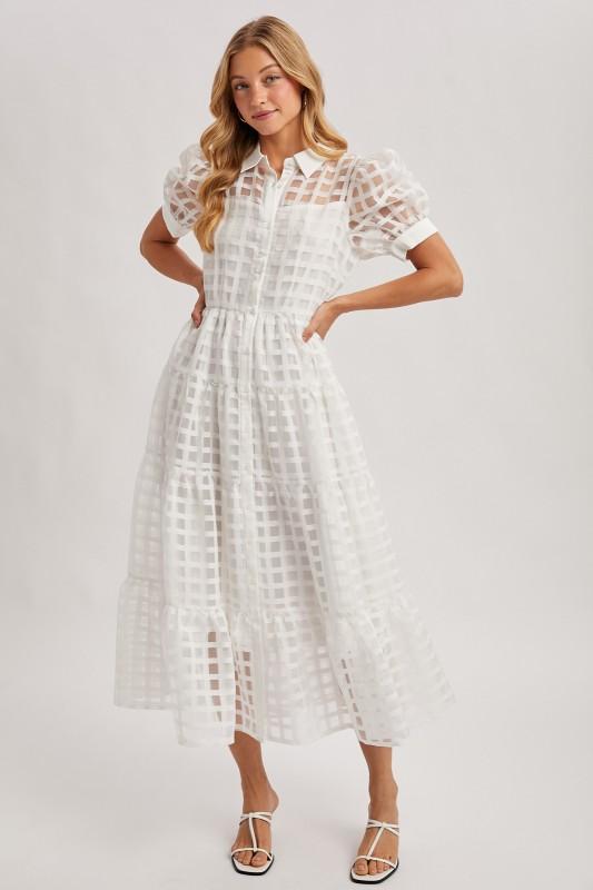 Gridded Organza Button-Down Tiered Maxi Dress