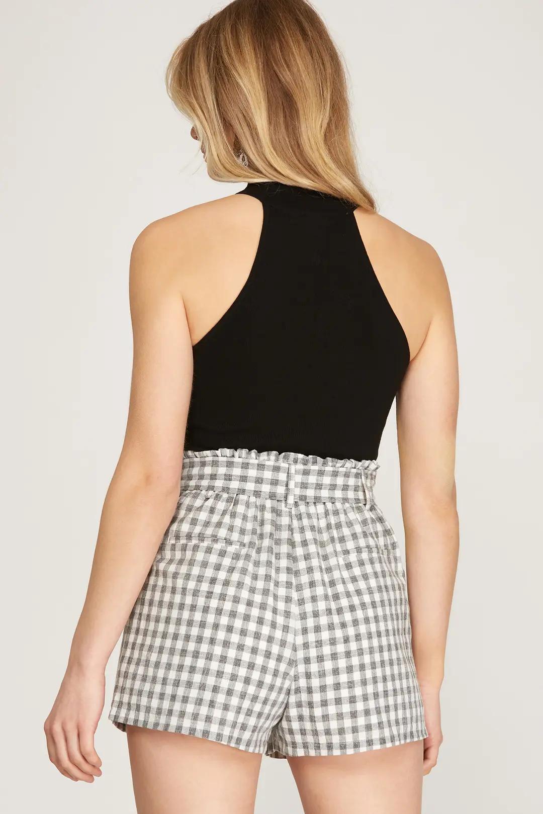 High Waist Paperbag Checkered Shorts with Sash and Pockets