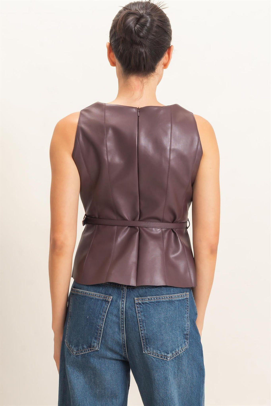 Sleek Faux Leather Belted Top