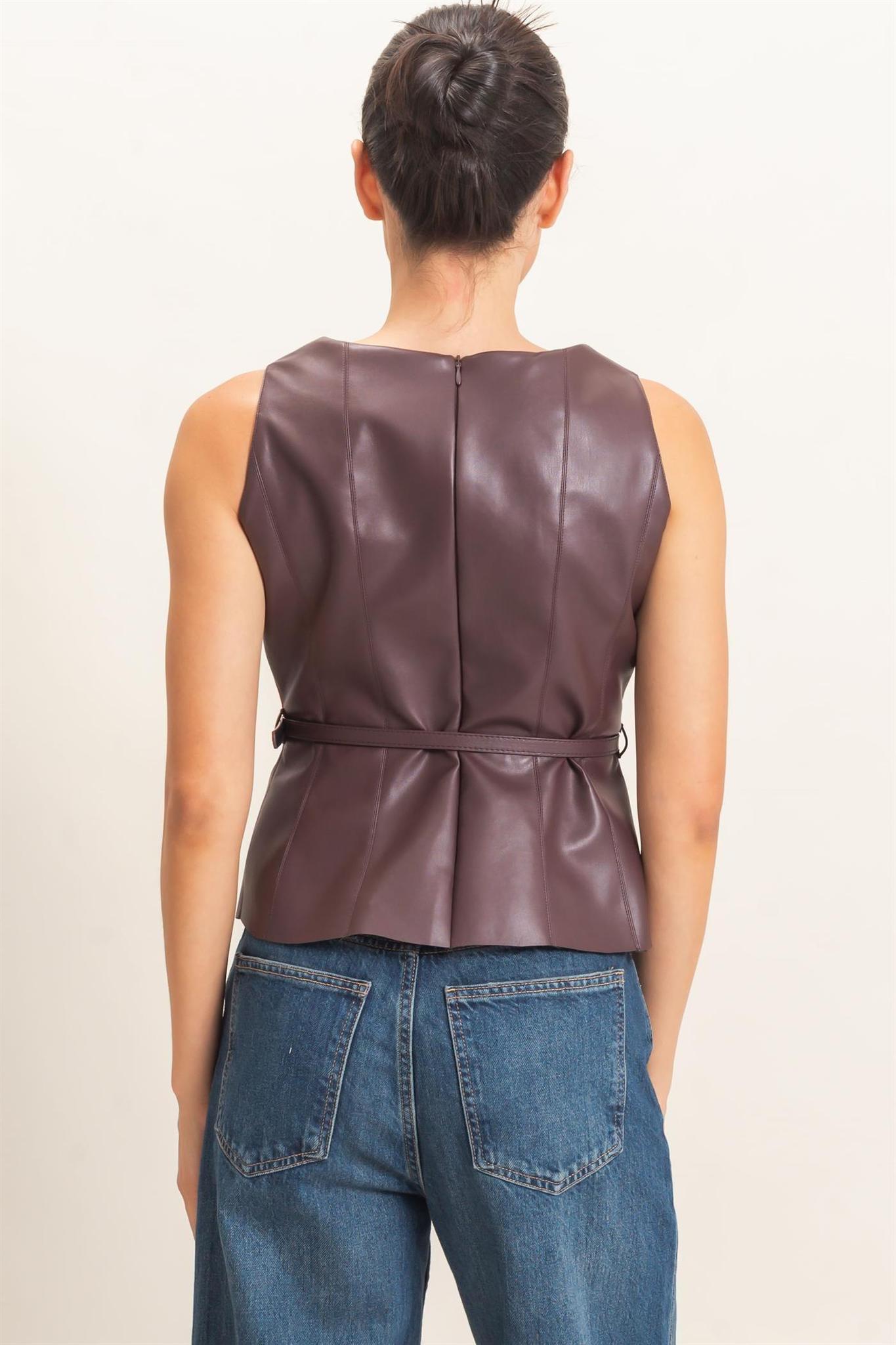 Sleek Faux Leather Belted Top