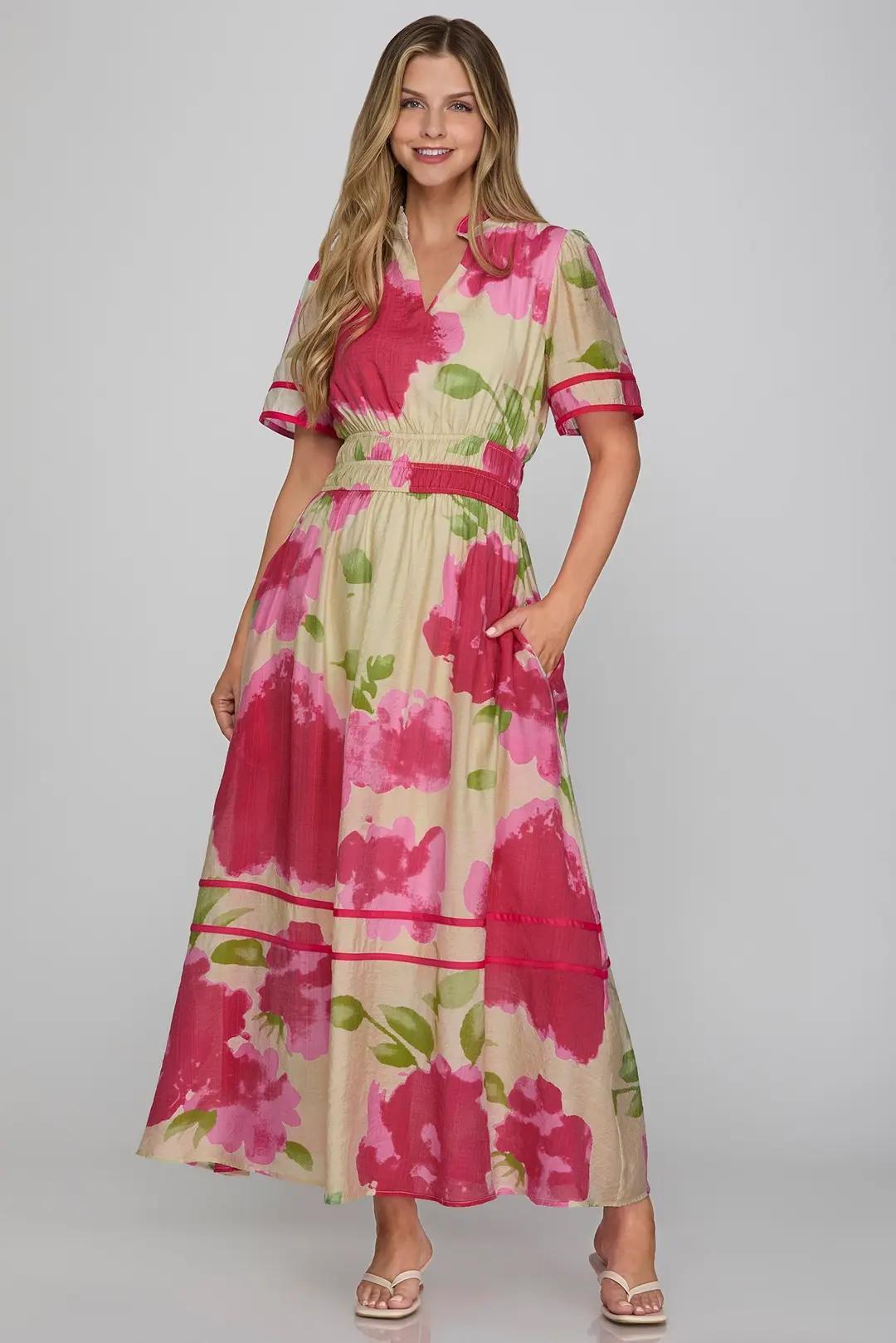 Half Sleeve Woven Print V Neck Maxi Dress with Elastic Waistband, Contrast Detail, and Pockets.