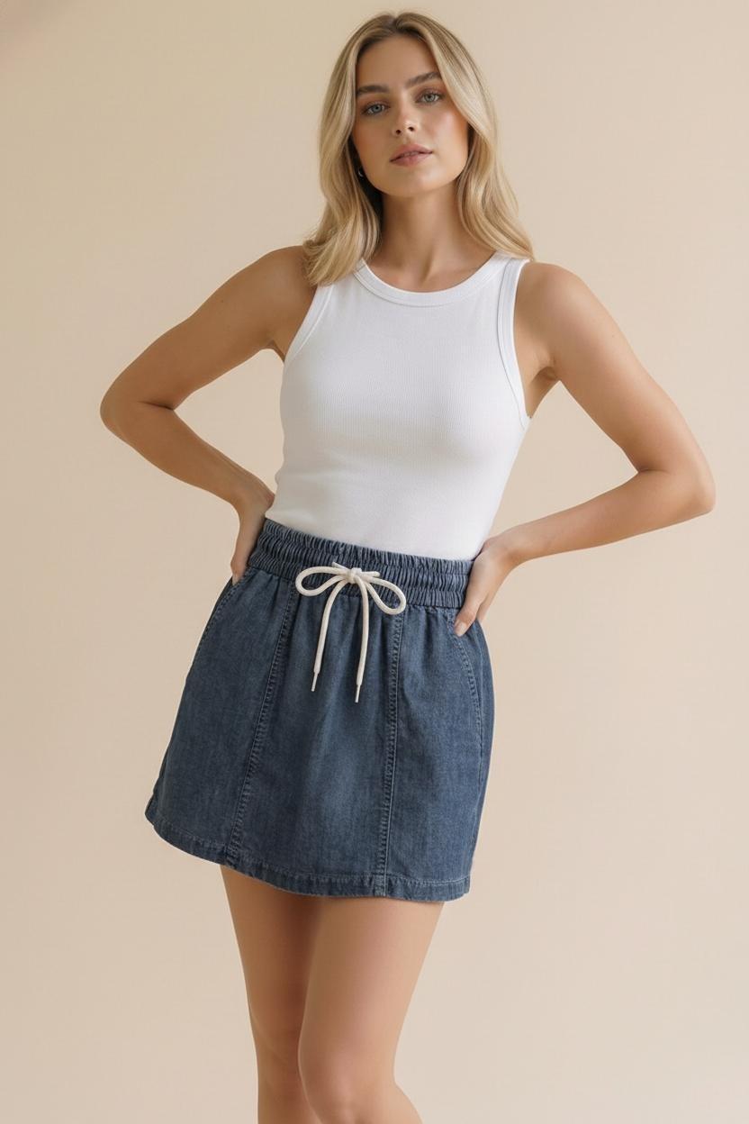 Elastic Waist String Chambray Skort