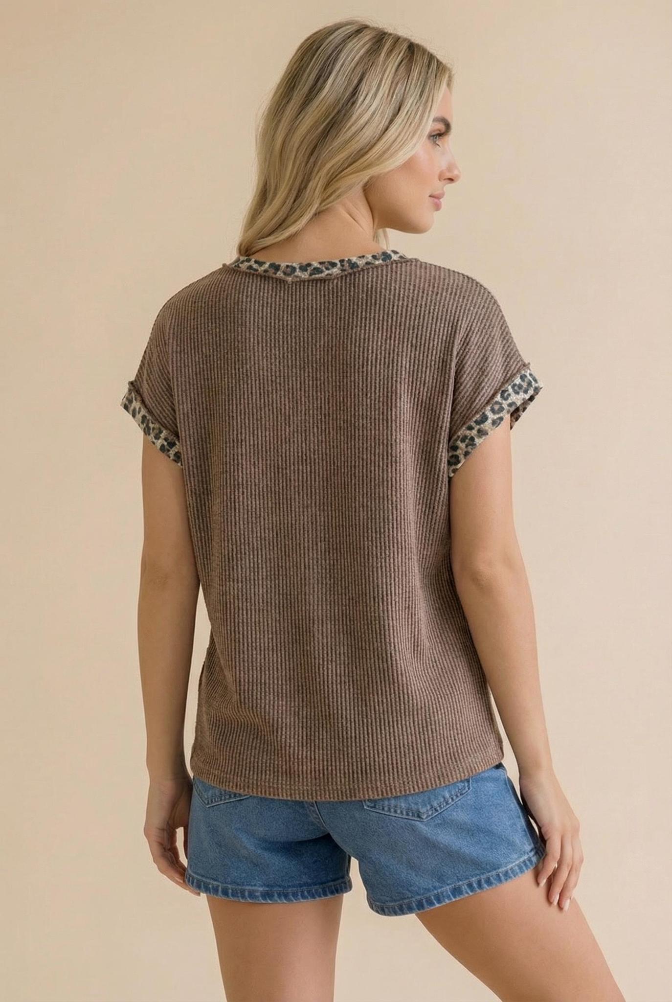Leopard Color Block Wave Rib Knit Top