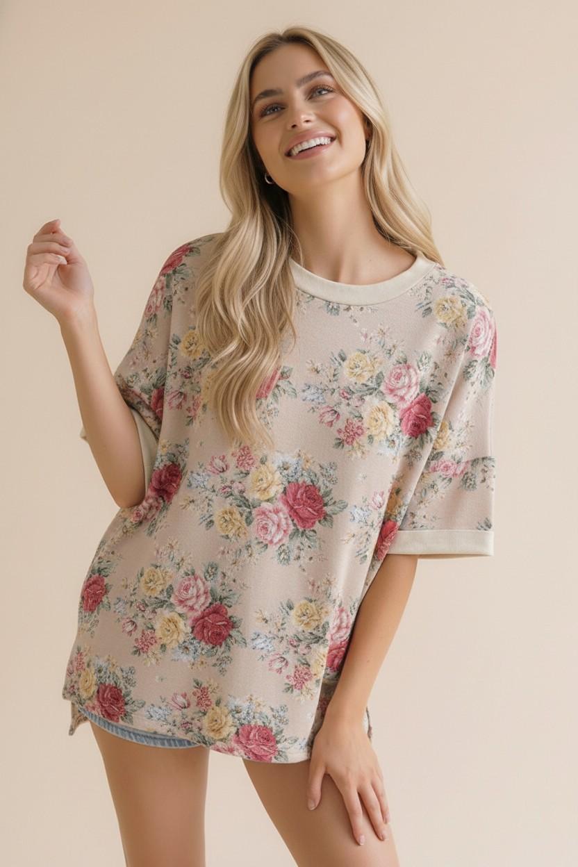 Short Sleeve Oversized Loose Fit Floral Knit Top