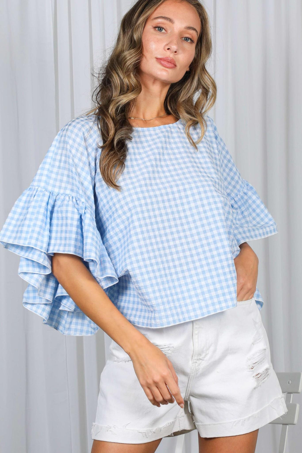 Ruffle Sleeves Flowy Gingham Top