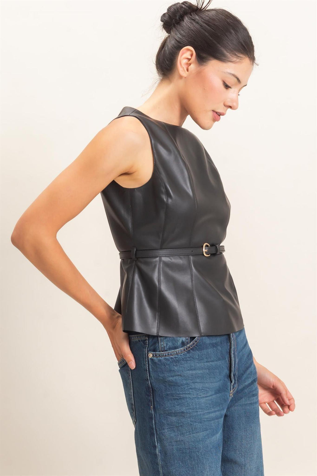 Sleek Faux Leather Belted Top