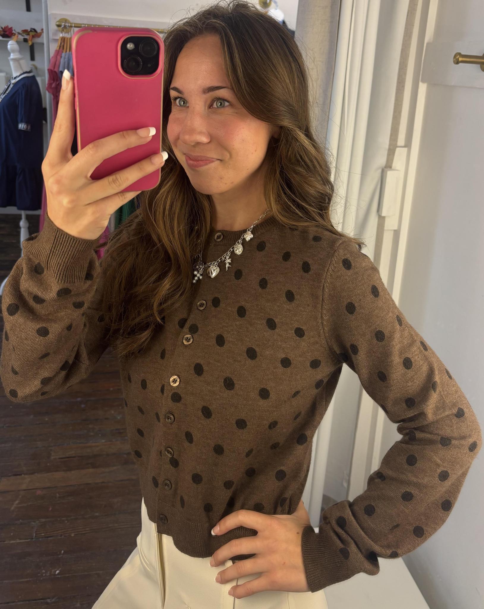 Polka Dot Round Neck Button-Down Cardigan