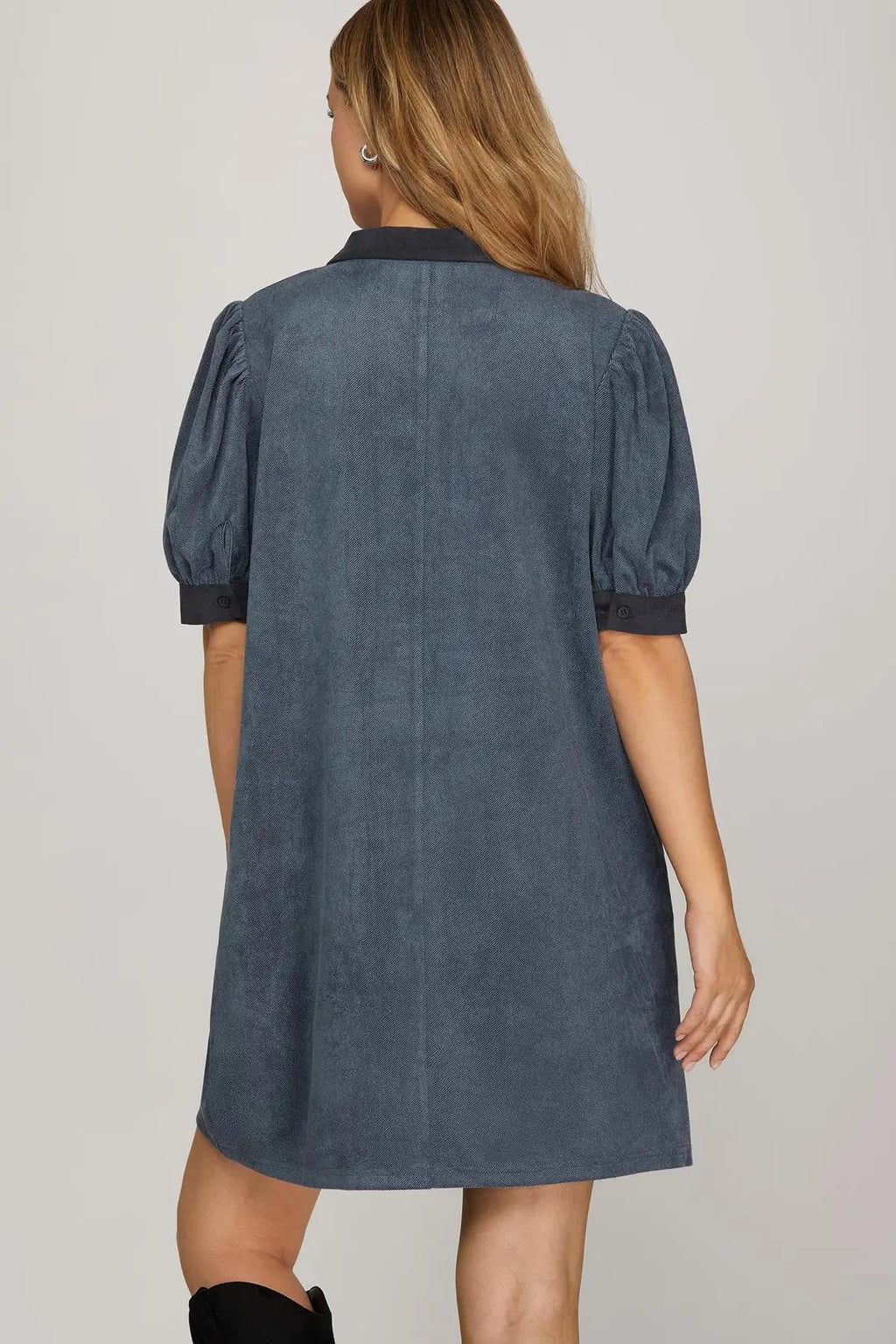 Puff Sleeve Contrast Neck Lace Up Brushed Twill Mini Dress