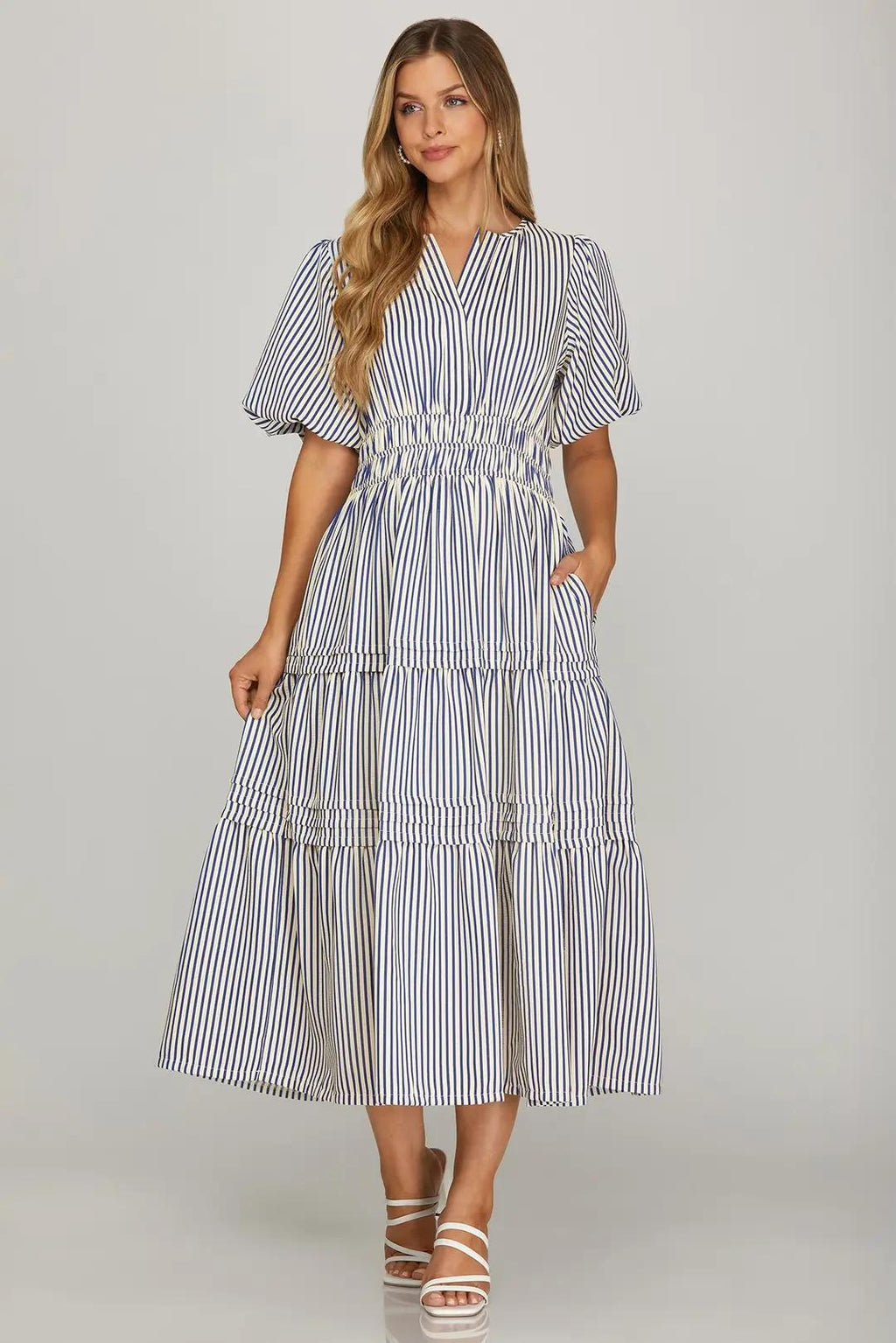 Puff Sleeve Pintuck Tiered Stripe Woven Midi Dress With Elastic Waistband and Pockets