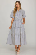 Puff Sleeve Pintuck Tiered Stripe Woven Midi Dress With Elastic Waistband and Pockets