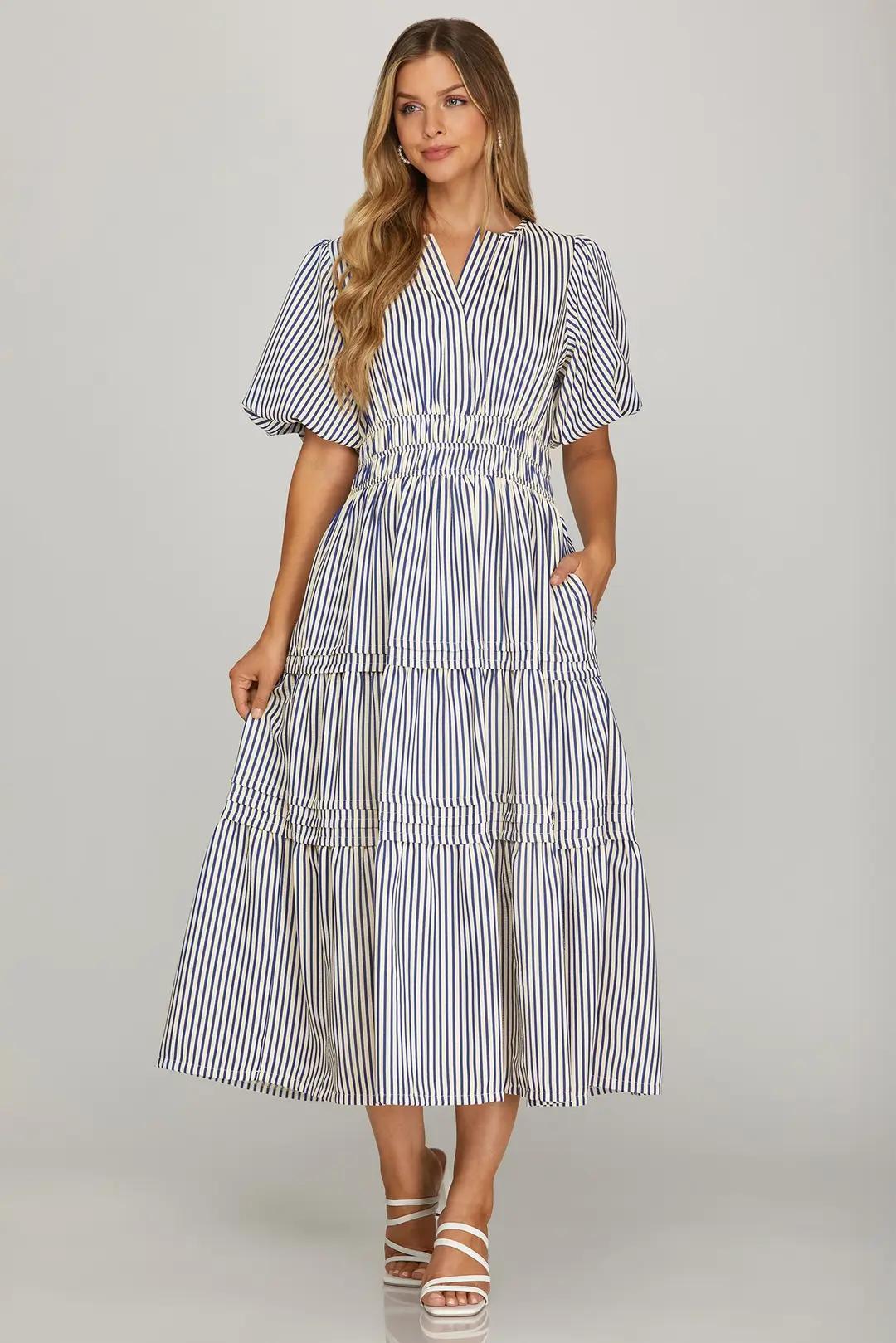 Puff Sleeve Pintuck Tiered Stripe Woven Midi Dress With Elastic Waistband and Pockets