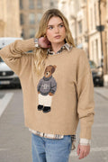 Teddy Bear Crew Neck Intarsia Knit Sweater