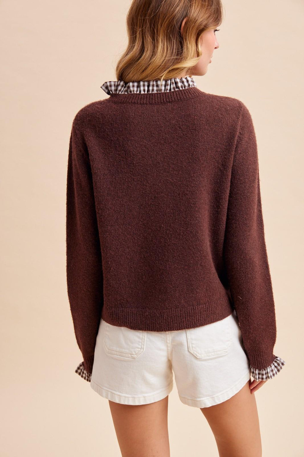 Melange Wool Gingham Ruffle Cardigan