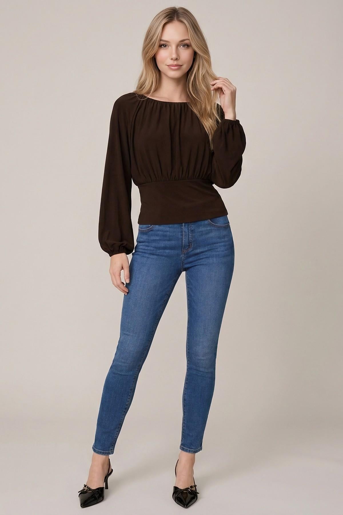 Soft Brushed Knit Flowy Ruched Bust Long Balloon Sleeve Top